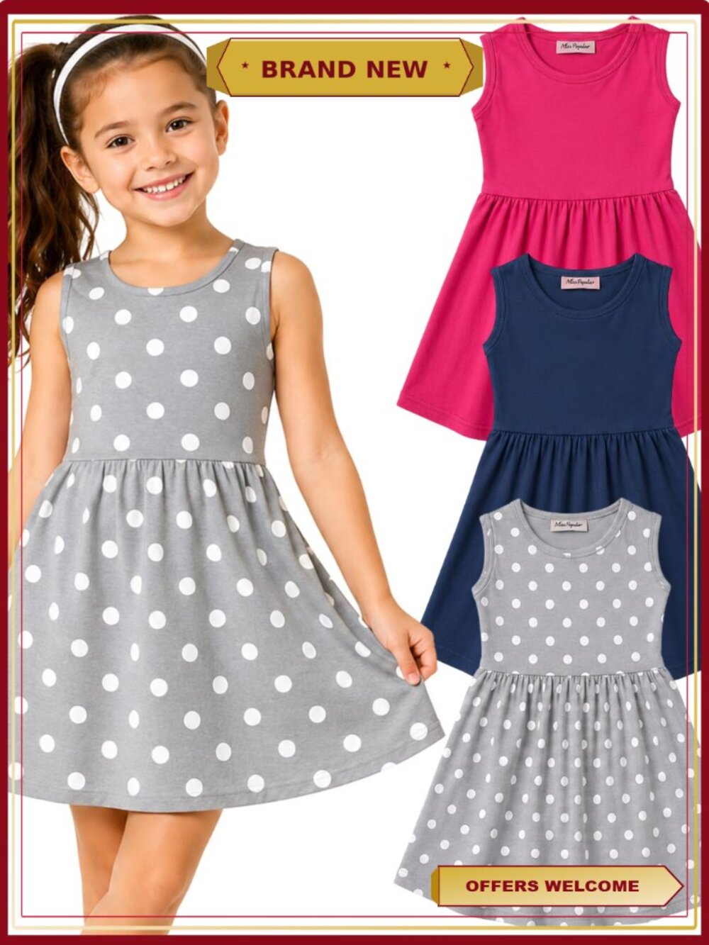 Girls 3 Pack Tank Skater Dress Soft Cotton Cute Spring Summer